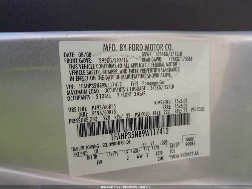 2009 Ford Focus Se VIN: 1FAHP35N89W117412 Lot: 43410776