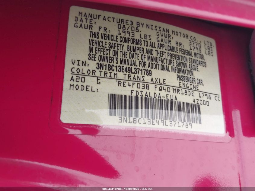 2009 Nissan Versa 1.8S VIN: 3N1BC13E49L371789 Lot: 43410786