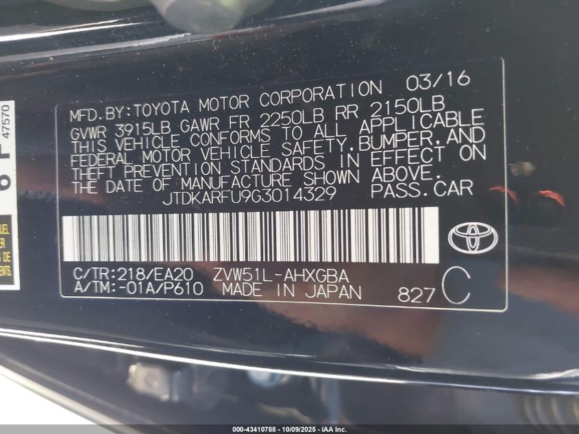 2016 Toyota Prius Four VIN: JTDKARFU9G3014329 Lot: 43410788