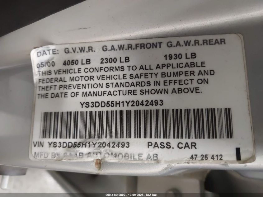 2000 Saab 9-3 VIN: YS3DD55H1Y2042493 Lot: 43410802