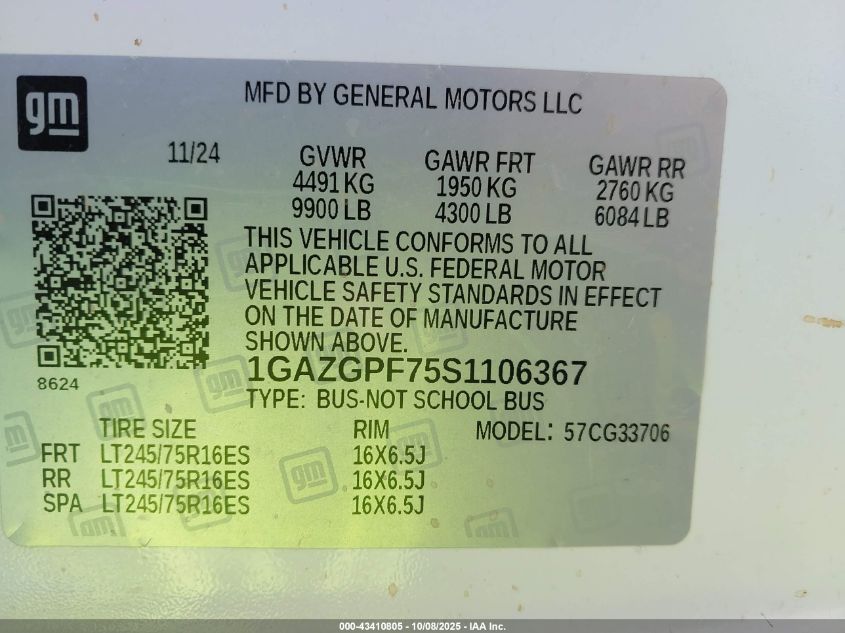 2025 Chevrolet Express Passenger Rwd 3500 Extended Wheelbase Lt VIN: 1GAZGPF75S1106367 Lot: 43410805