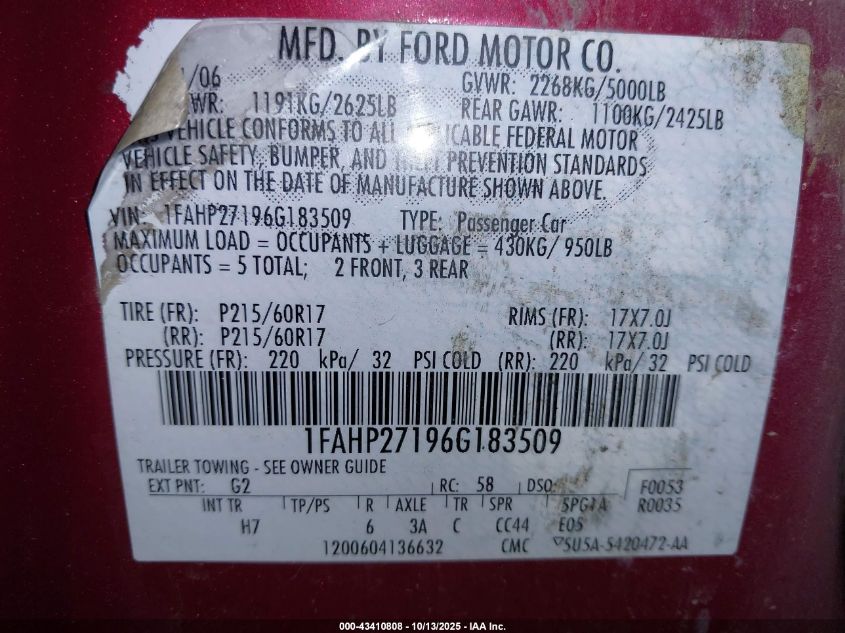 2006 Ford Five Hundred Sel VIN: 1FAHP27196G183509 Lot: 43410808