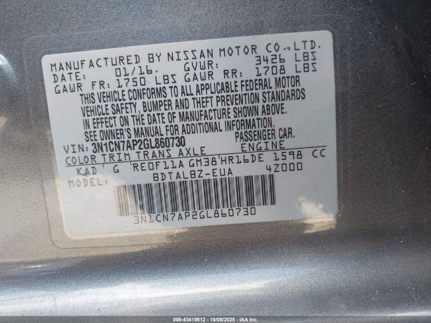 2016 Nissan Versa 1.6 S/1.6 S+/1.6 Sl/1.6 Sv VIN: 3N1CN7AP2GL860730 Lot: 43410812