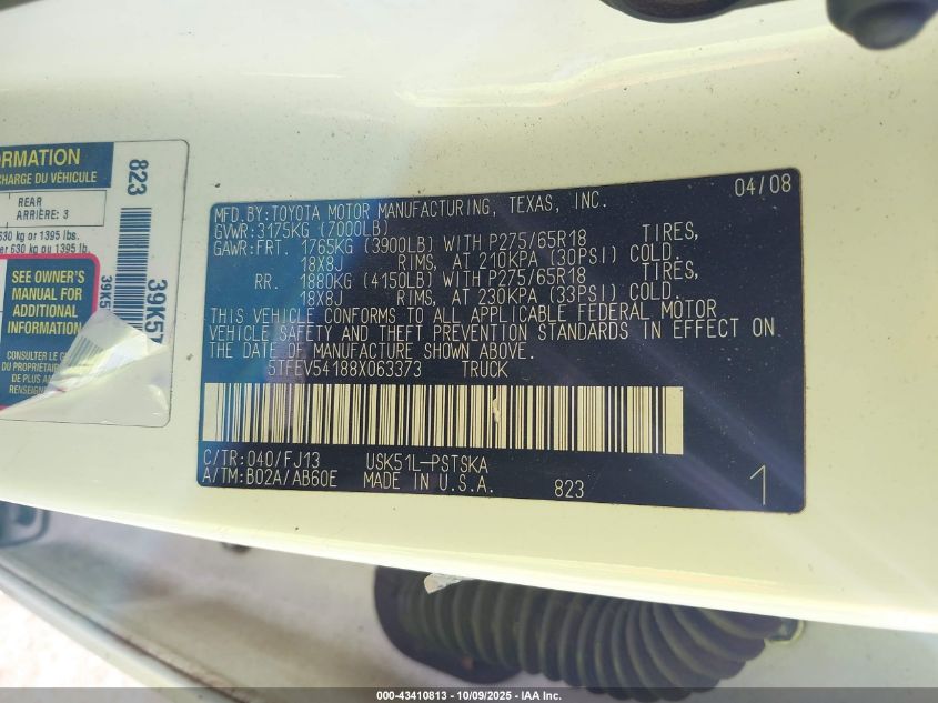2008 Toyota Tundra Sr5 5.7L V8 VIN: 5TFEV54188X063373 Lot: 43410813