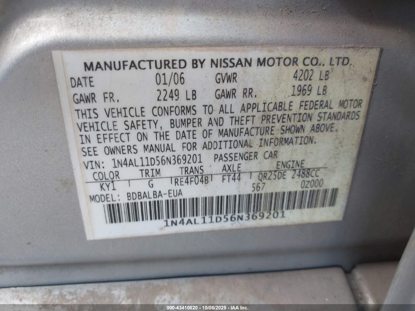 2006 Nissan Altima 2.5 S VIN: 1N4AL11D56N369201 Lot: 43410820