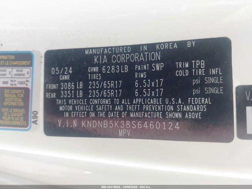 2025 Kia Carnival Mpv Lxs VIN: KNDNB5K38S6460124 Lot: 43410824