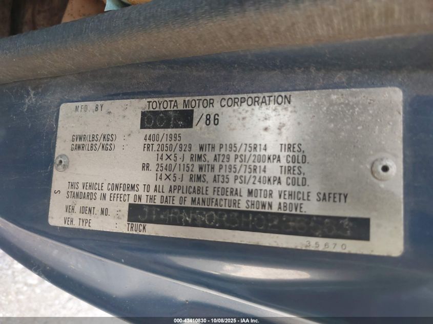 1987 Toyota Pickup 1/2 Ton Rn50 VIN: JT4RN50R5H0236563 Lot: 43410830
