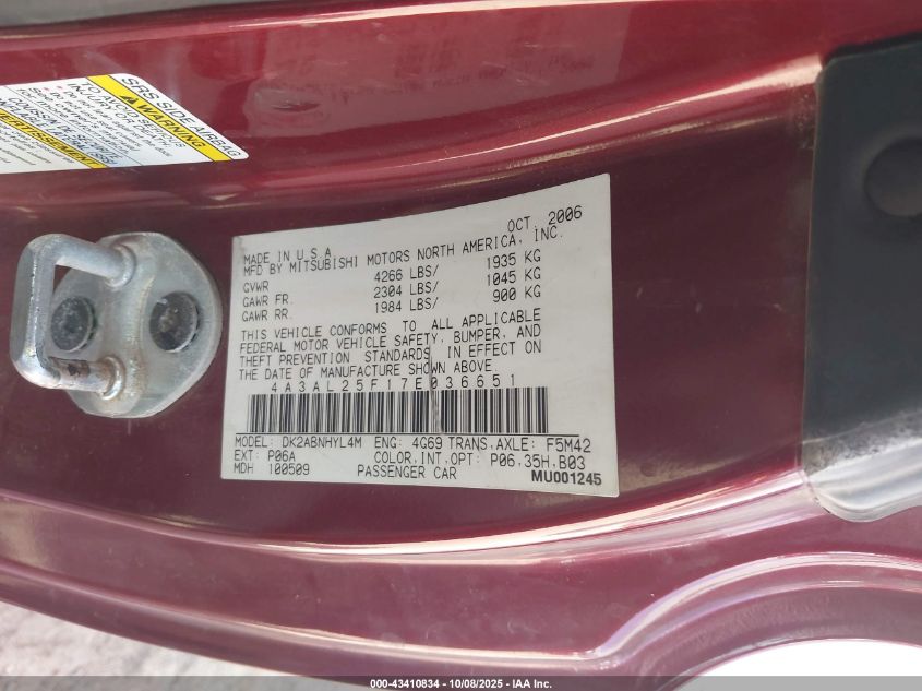 2007 Mitsubishi Eclipse Spyder Gs VIN: 4A3AL25F17E036651 Lot: 43410834