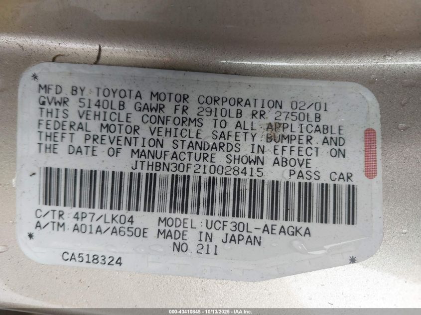 2001 Lexus Ls 430 VIN: JTHBN30F210028415 Lot: 43410845