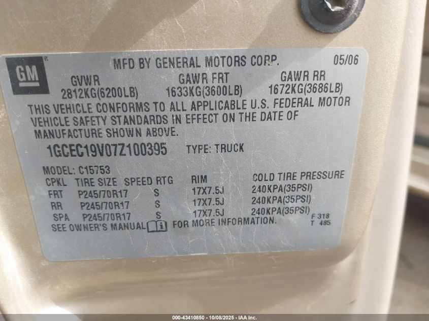2007 Chevrolet Silverado 1500 Classic Work Truck VIN: 1GCEC19V07Z100395 Lot: 43410850