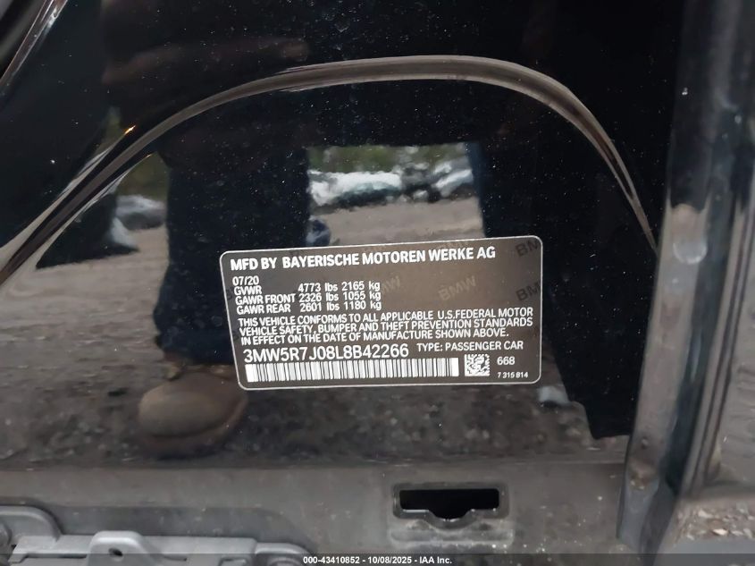 2020 BMW 330I xDrive VIN: 3MW5R7J08L8B42266 Lot: 43410852