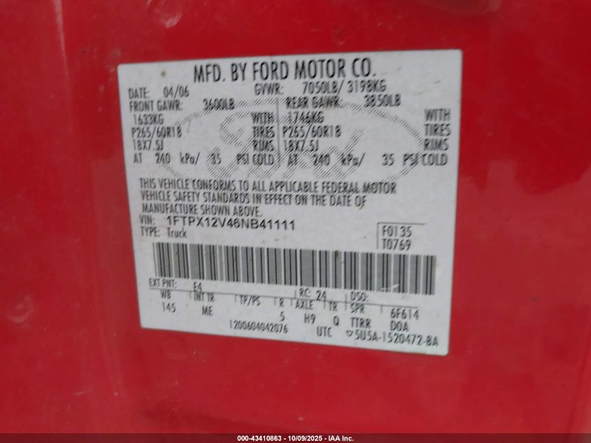 2006 Ford F-150 Lariat/Xl/Xlt VIN: 1FTPX12V46NB41111 Lot: 43410863