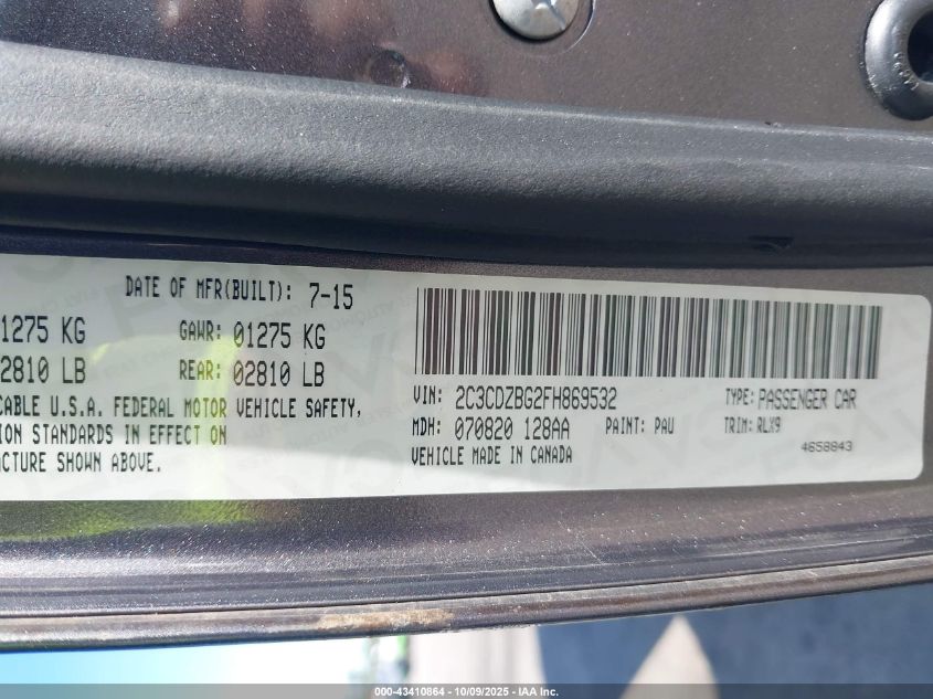 2015 Dodge Challenger Sxt Plus VIN: 2C3CDZBG2FH869532 Lot: 43410864