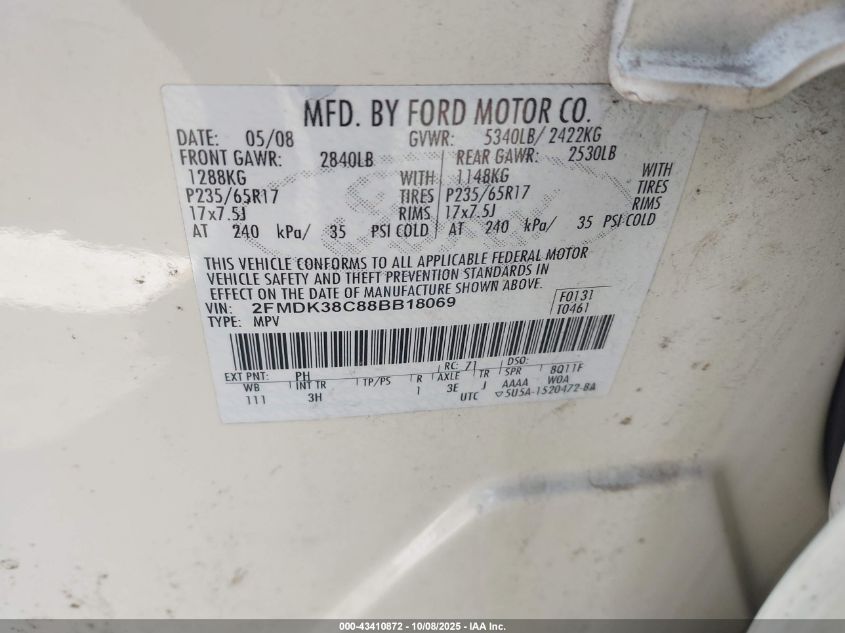 2008 Ford Edge Sel VIN: 2FMDK38C88BB18069 Lot: 43410872