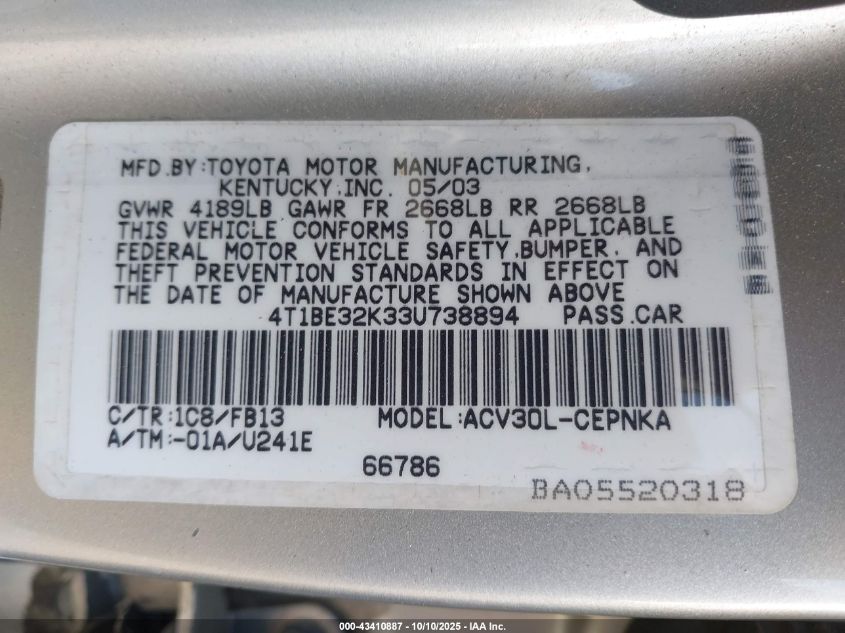 2003 Toyota Camry Le VIN: 4T1BE32K33U738894 Lot: 43410887