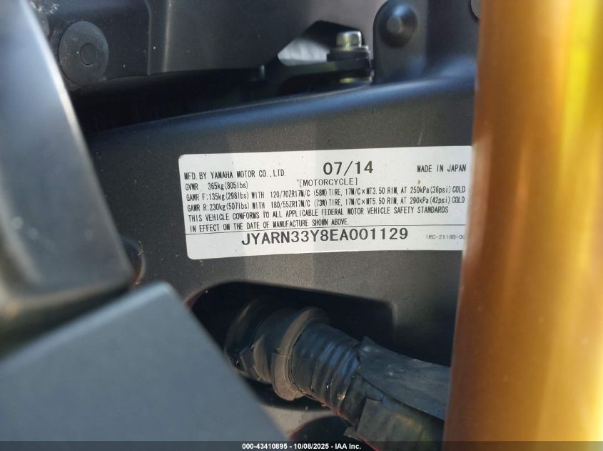 2014 Yamaha Fz09 C VIN: JYARN33Y8EA001129 Lot: 43410895