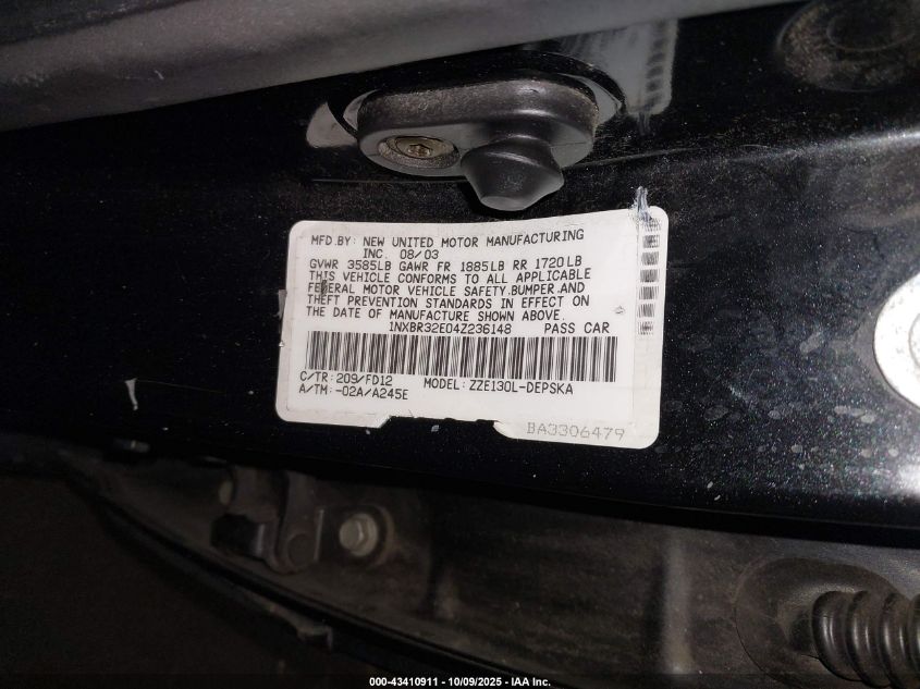 2004 Toyota Corolla S VIN: 1NXBR32E04Z236148 Lot: 43410911