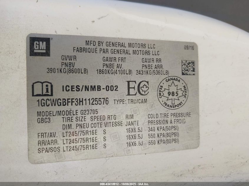 2017 Chevrolet Express 2500 Work Van VIN: 1GCWGBFF3H1125576 Lot: 43410912