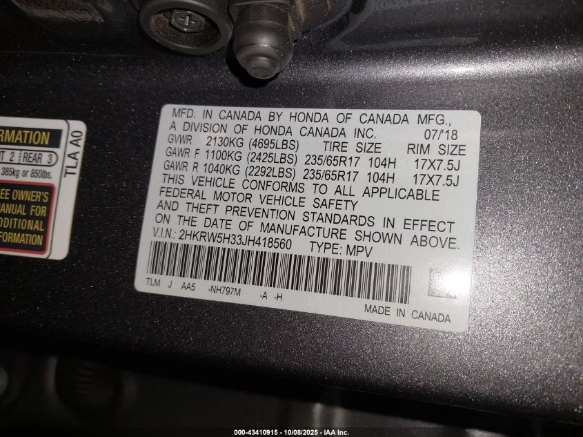 2018 Honda Cr-V Lx VIN: 2HKRW5H33JH418560 Lot: 43410915