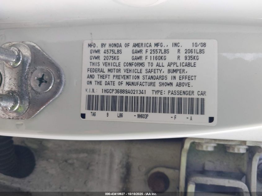 2009 Honda Accord 3.5 Ex-L VIN: 1HGCP36889A021341 Lot: 43410927