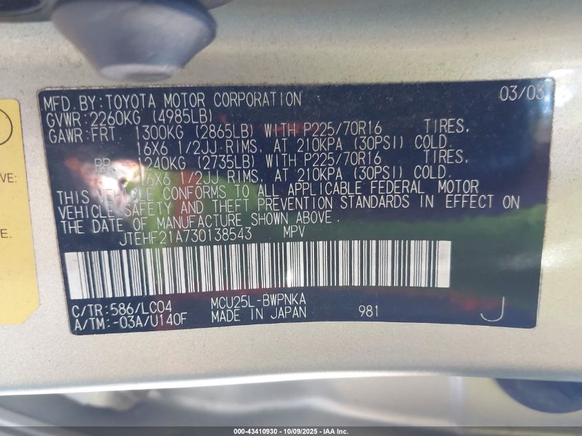 2003 Toyota Highlander Limited V6 VIN: JTEHF21A730138543 Lot: 43410930