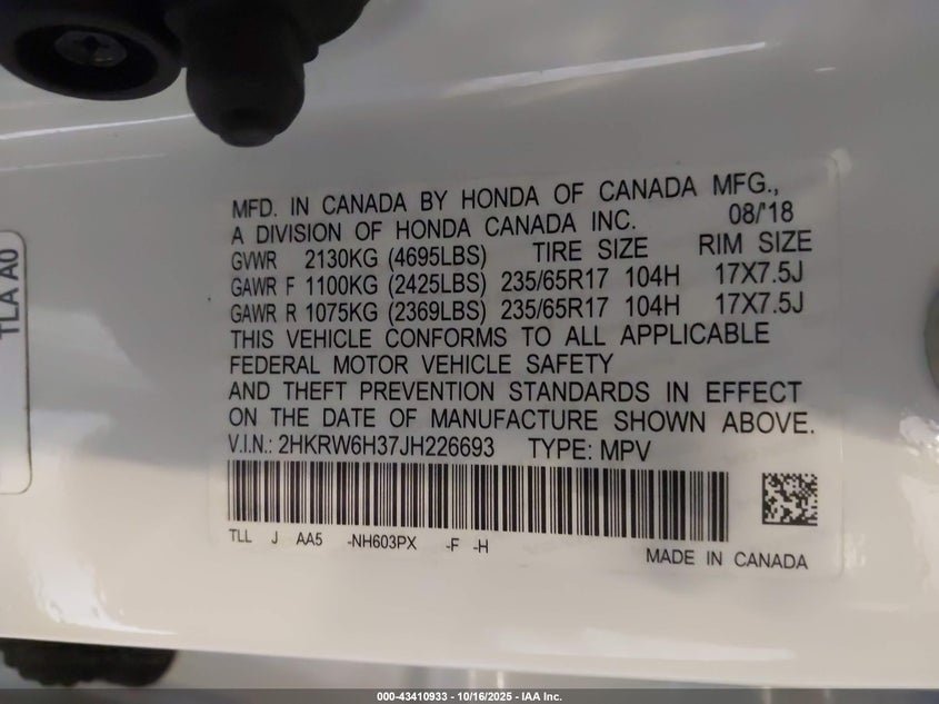 2HKRW6H37JH226693 2018 HONDA CR-V photo no. 9