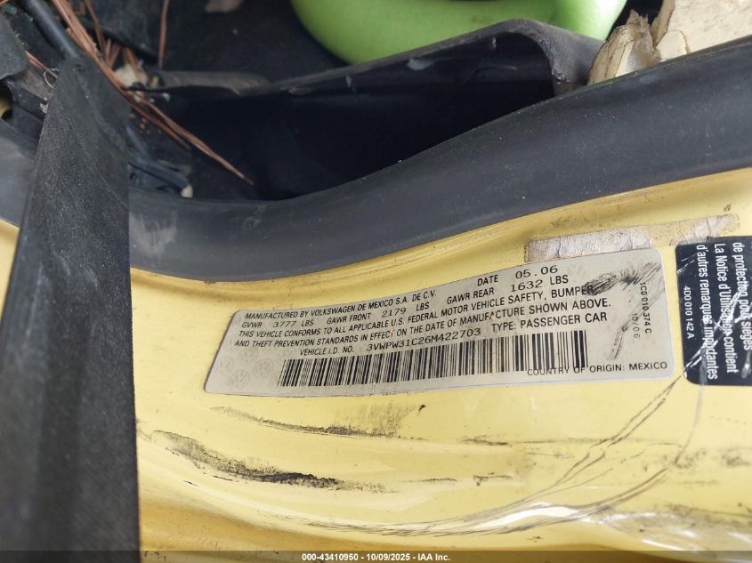 2006 Volkswagen New Beetle 2.5 VIN: 3VWPW31C26M422703 Lot: 43410950