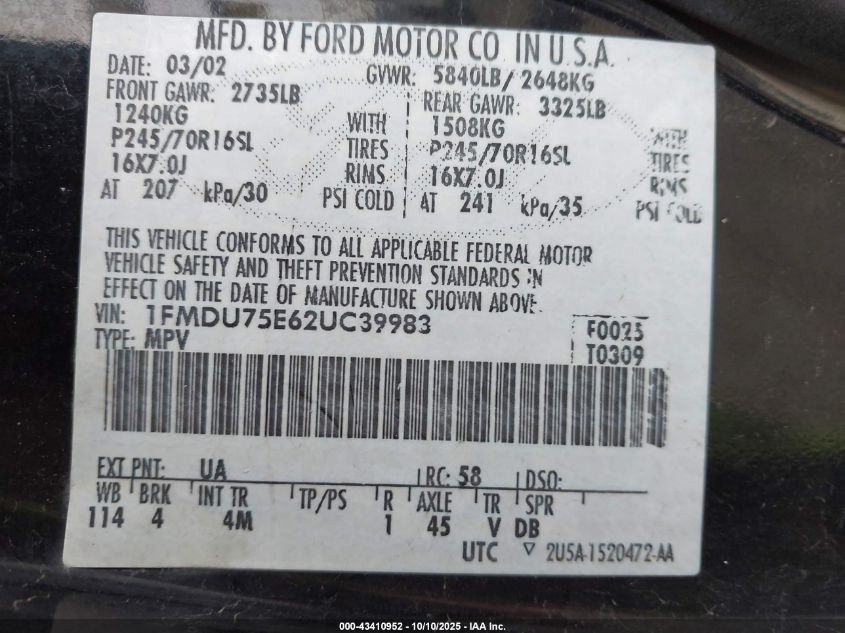 2002 Ford Explorer Limited VIN: 1FMDU75E62UC39983 Lot: 43410952