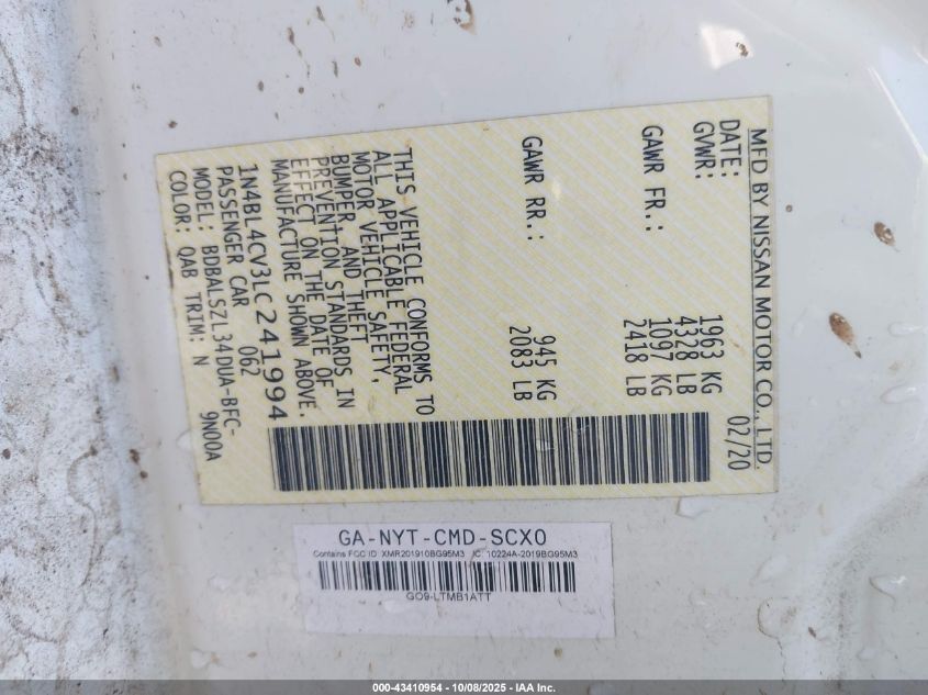 2020 Nissan Altima Sr Fwd VIN: 1N4BL4CV3LC241994 Lot: 43410954