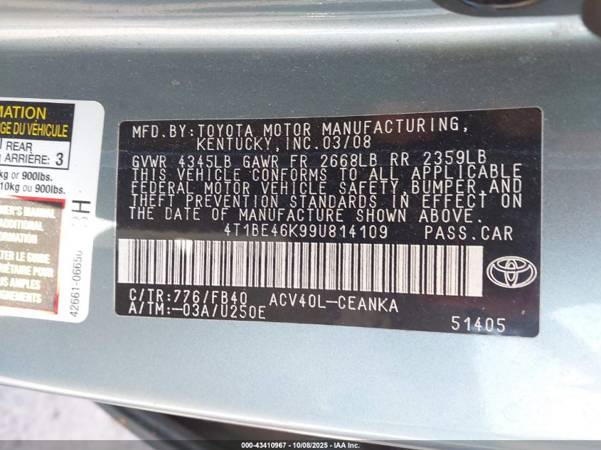 2009 Toyota Camry Le VIN: 4T1BE46K99U814109 Lot: 43410967