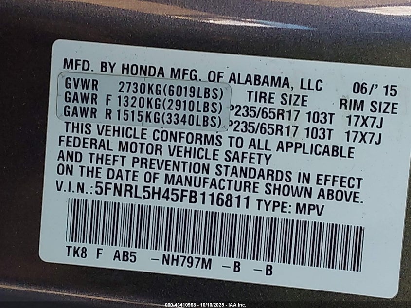 2015 Honda Odyssey Ex VIN: 5FNRL5H45FB116811 Lot: 43410968