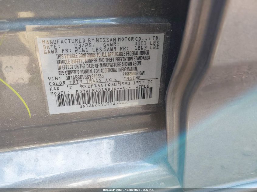 2025 Nissan Sentra Sr VIN: 3N1AB8DV3SY316653 Lot: 43410969