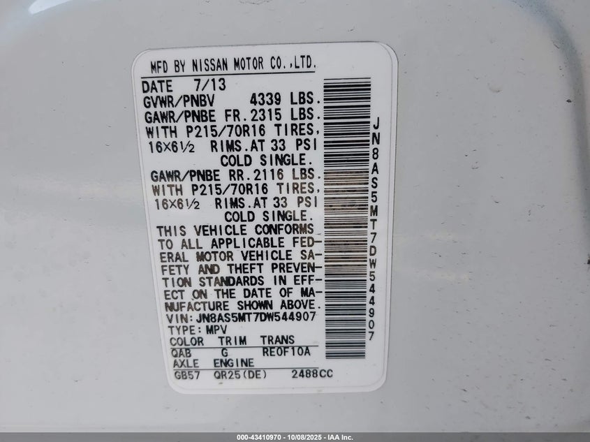 2013 Nissan Rogue S VIN: JN8AS5MT7DW544907 Lot: 43410970