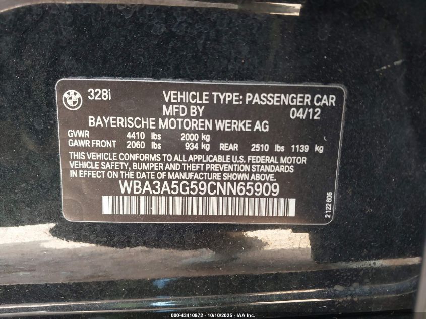 2012 BMW 328I VIN: WBA3A5G59CNN65909 Lot: 43410972