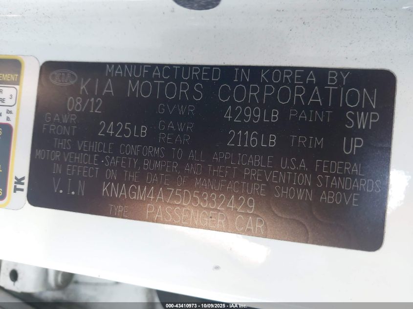 2013 Kia Optima Lx VIN: KNAGM4A75D5332429 Lot: 43410973