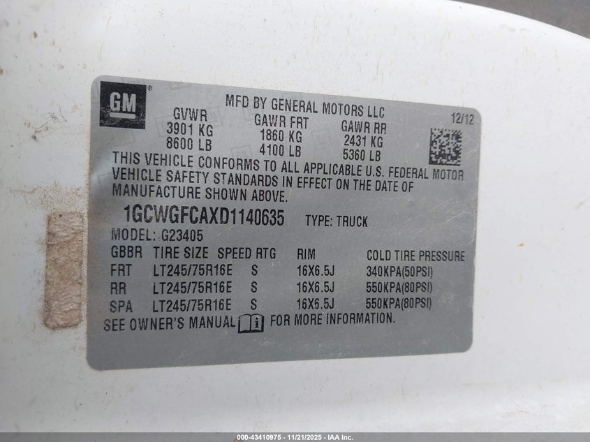 2013 Chevrolet Express 2500 Work Van VIN: 1GCWGFCAXD1140635 Lot: 43410975