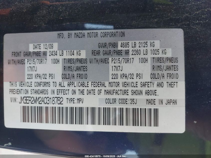 2010 Mazda Cx-7 I Sport VIN: JM3ER2WM2A0318762 Lot: 43410979