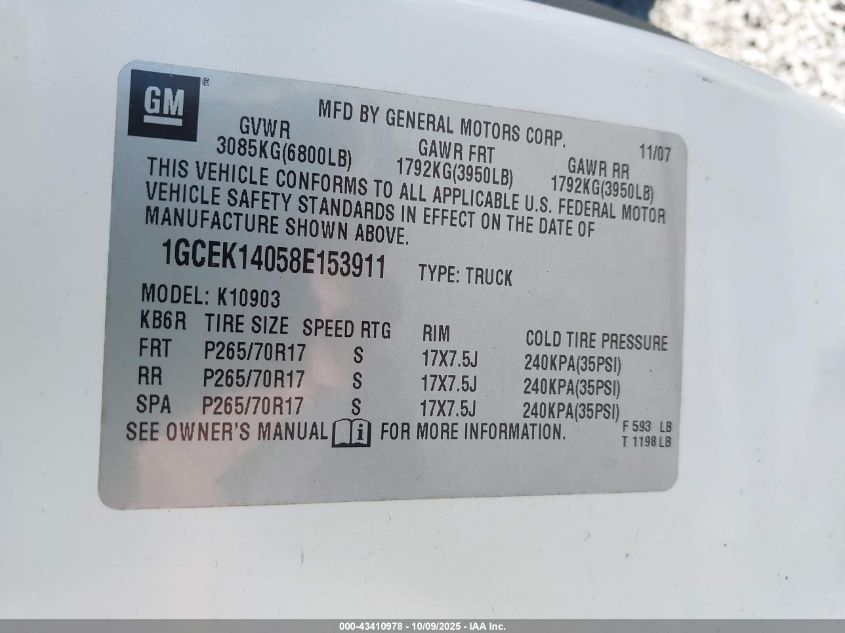 2008 Chevrolet Silverado 1500 Work Truck VIN: 1GCEK14058E153911 Lot: 43410978