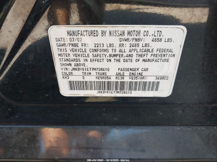 2007 Infiniti G35 Journey VIN: JNKBV61E77M728410 Lot: 43410989