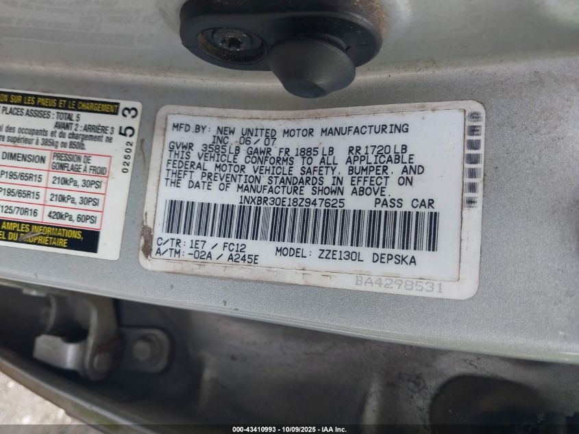 2008 Toyota Corolla S VIN: 1NXBR30E18Z947625 Lot: 43410993