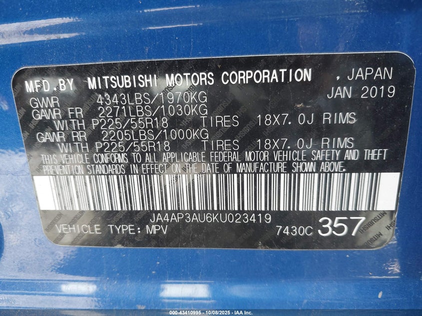 2019 MITSUBISHI OUTLANDER SPORT 2.0 ES JA4AP3AU6KU023419