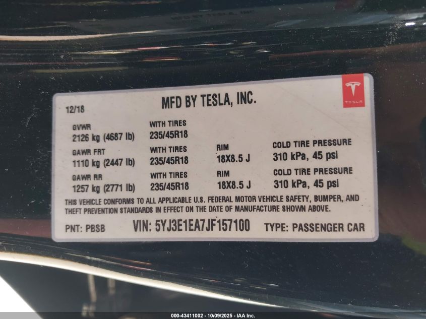 2018 Tesla Model 3 VIN: 5YJ3E1EA7JF157100 Lot: 43411002