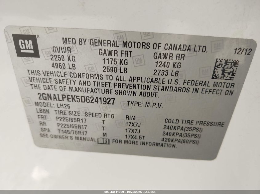 2013 Chevrolet Equinox 2Lt VIN: 2GNALPEK5D6241927 Lot: 43411009