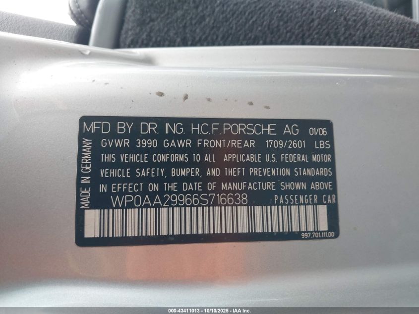 2006 Porsche 911 Carrera/Carrera 4 VIN: WP0AA29966S716638 Lot: 43411013