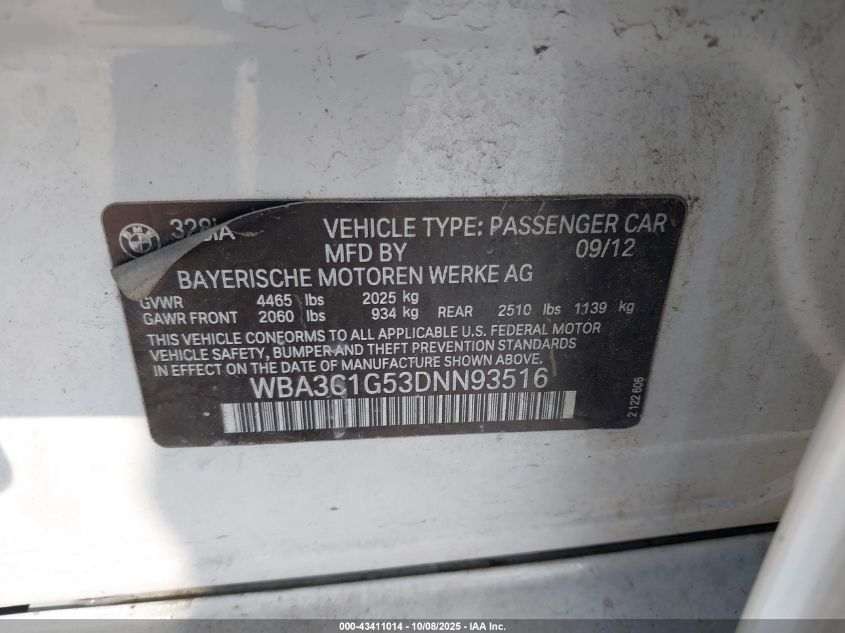2013 BMW 328I VIN: WBA3C1G53DNN93516 Lot: 43411014