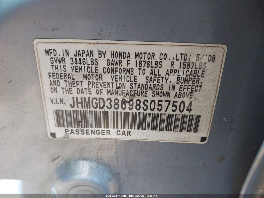 2008 Honda Fit Sport VIN: JHMGD38698S057504 Lot: 43411020