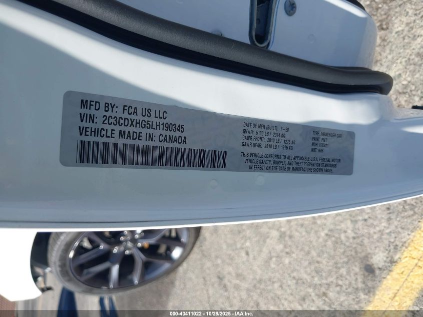 2020 Dodge Charger Gt Rwd VIN: 2C3CDXHG5LH190345 Lot: 43411022