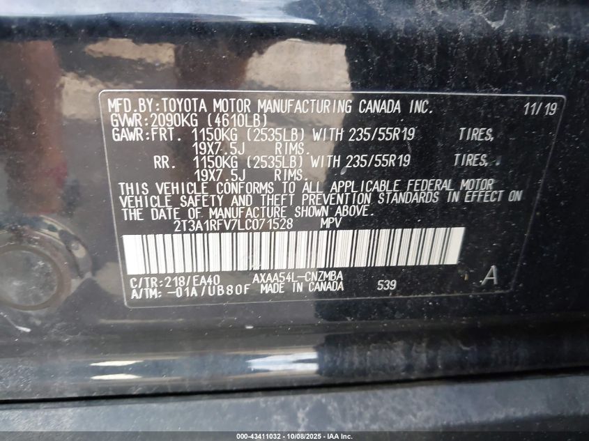 2020 Toyota Rav4 Xle Premium VIN: 2T3A1RFV7LC071528 Lot: 43411032