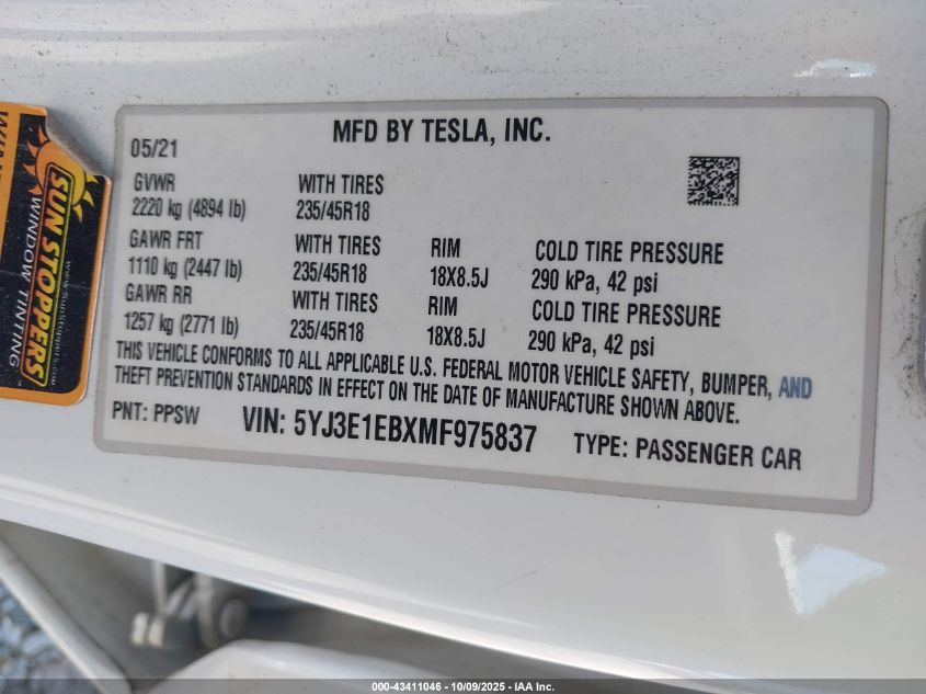 2021 Tesla Model 3 Long Range Dual Motor All-Wheel Drive VIN: 5YJ3E1EBXMF975837 Lot: 43411046