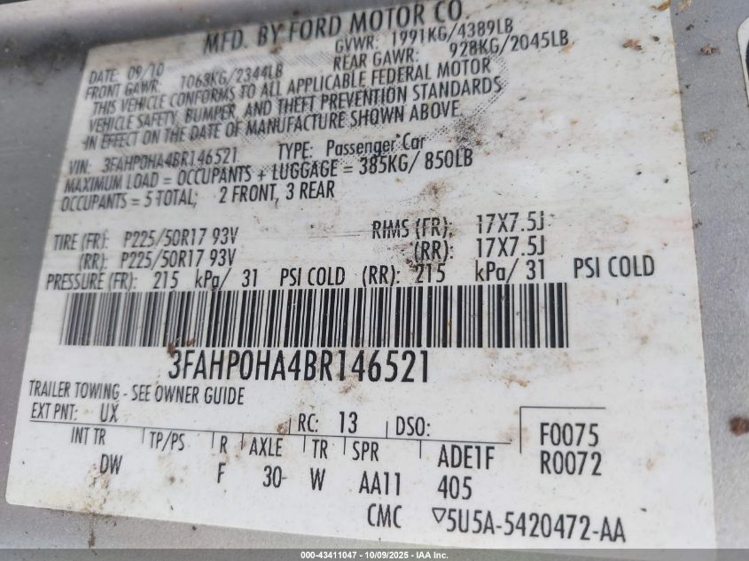 2011 Ford Fusion Se VIN: 3FAHP0HA4BR146521 Lot: 43411047